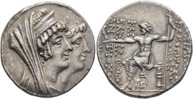 SELEUKID KINGS OF SYRIA. Cleopatra Thea & Antiochos VIII, 126/5-121/0 BC. Tetradrachm (Silver, 29 mm, 16.55 g, 12 h), Ake-Ptolemais, circa 125/4. Juga...