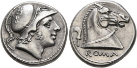 Anonymous, circa 240 BC. Didrachm (Silver, 18 mm, 6.56 g, 7 h). Head of youthful Mars to right, wearing crested Corinthian helmet decorated with a gri...