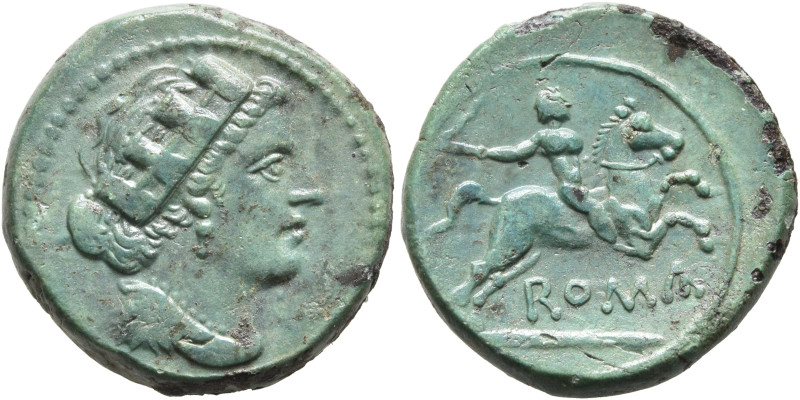Anonymous, circa 217-215 BC. Semuncia (Bronze, 19 mm, 6.08 g, 7 h), Rome. Draped...