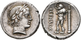 L. Censorinus, 82 BC. Denarius (Silver, 16 mm, 4.16 g, 3 h), Rome. Laureate head of Apollo to right. Rev. L•CENSOR Marsyas, bald-headed, standing to l...