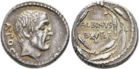Albinus Bruti f, 48 BC. Denarius (Silver, 17 mm, 4.00 g, 2 h), Rome. A POSTVMIVS COS Bare head of A. Postumius to right. Rev. ALBINVS / BRVTI F within...