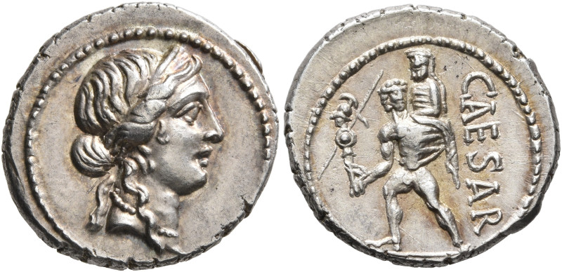 Julius Caesar, 49-44 BC. Denarius (Silver, 18 mm, 3.86 g, 6 h), military mint mo...