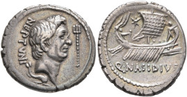 Sextus Pompey, † 35 BC. Denarius (Silver, 19 mm, 3.75 g, 3 h), Q. Nasidius, commander of the fleet. Massalia, 42-38. NEPTVNI Bare head of Pompey the G...