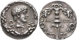 Augustus, 27 BC-AD 14. Denarius (Silver, 18 mm, 3.70 g, 6 h), uncertain mint in Pannonia (?), circa 12 BC. CA-ES-AR• Youthful bare head of Augustus to...