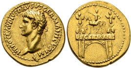 Nero Claudius Drusus, died 9 BC. Aureus (Gold, 20 mm, 7.71 g, 2 h), Lugdunum, struck under Claudius, circa 41-45. NERO•CLAVDIVS•DRVSVS•GERMANICVS•IMP ...