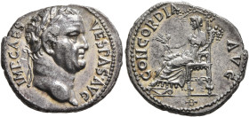 Vespasian, 69-79. Denarius (Silver, 18 mm, 3.00 g, 12 h), Ephesus, 69-70. IMP CAES VESPAS AVG Laureate head of Vespasian to right. Rev. CONCORDIA AVG ...