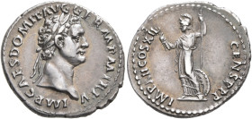 Domitian, 81-96. Denarius (Silver, 21 mm, 3.51 g, 6 h), Rome, 86. IMP CAES DOMIT AVG GERM P M TR P V Laureate head of Domitian to right. Rev. IMP XII ...