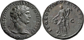 Trajan, 98-117. Sestertius (Orichalcum, 33 mm, 26.88 g, 6 h), Rome, 103-107. IMP CAES NERVAE TRAIANO AVG GER DAC P M TR P COS V P P Laureate head of T...