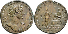 Hadrian, 117-138. Sestertius (Orichalcum, 33 mm, 21.00 g, 6 h), Rome, 119-120. IMP CAESAR TRAIANVS HADRIANVS AVG Laureate bust of Hadrian to right, wi...