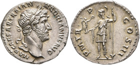 Hadrian, 117-138. Denarius (Silver, 19 mm, 3.47 g, 6 h), Rome, 121-123. IMP CAESAR TRAIAN HADRIANVS AVG Laureate head of Hadrian to right. Rev. P M TR...