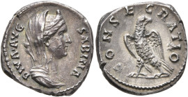 Diva Sabina, died 136/7. Denarius (Silver, 18 mm, 3.43 g, 6 h), Rome, 138. DIVA AVG SABINA Diademed, veiled and draped bust of Diva Sabina to right. R...
