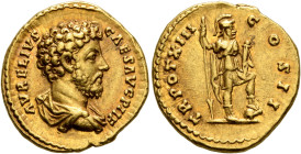 Marcus Aurelius, as Caesar, 139-161. Aureus (Gold, 20 mm, 7.24 g, 6 h), Rome, 158-159. AVRELIVS CAES AVG PII F Bare-headed and draped bust of Marcus A...