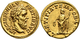 Pertinax, 193. Aureus (Gold, 16 mm, 7.28 g, 6 h), Rome, 1 January-28 March 193. IMP CAES P HELV PERTIN•AVG Laureate head of Pertinax to right. Rev. LA...