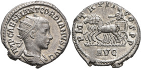 Gordian III, 238-244. Antoninianus (Silver, 21 mm, 4.39 g, 11 h), Antiochia, 239. IMP CAES M ANT GORDIANVS AVG Radiate, draped and cuirassed bust of G...