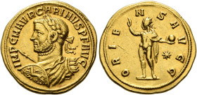 Carinus, 283-285. Aureus (Gold, 20 mm, 5.87 g, 7 h), Siscia, 283. IMP C M AVR CARINVS P F AVG Laureate, draped and cuirassed bust of Carinus to left, ...