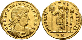 Constantine II, as Caesar, 316-337. Solidus (Gold, 20 mm, 4.42 g, 6 h), Treveri, 335-336. CONSTANTINVS IVN NOB C Diademed, draped and cuirassed bust o...