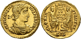 Constantius II, 337-361. Solidus (Gold, 21 mm, 4.52 g, 12 h), Siscia, 350-351. FL IVL CONSTAN-TIVS PERP AVG Laurel-and-rosette-diademed, draped and cu...