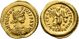 Theodosius II, 402-450. Tremissis (Gold, 14 mm, 1.49 g, 6 h), Constantinopolis, 408-420. D N THEODO-SIVS P F AVG Pearl-diademed, draped and cuirassed ...