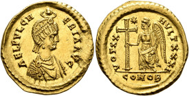 Aelia Pulcheria, Augusta, 414-453. Solidus (Gold, 21 mm, 4.50 g, 6 h), Constantinopolis, 423-425. AEL PVLCH-ERIA AVG Pearl-diademed and draped bust of...