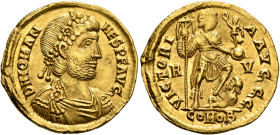 Johannes, usurper, 423-425. Solidus (Gold, 21 mm, 4.49 g, 6 h), Ravenna. D N IOHAN-NES P F AVG Pearl-and-rosette-diademed, draped and cuirassed bust o...