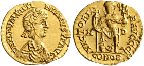 Valentinian III, 425-455. Solidus (Gold, 22 mm, 4.46 g, 7 h), Mediolanum, 430-440. D N PLA VALENTI-NIANVS P F AVG Laurel-and-rosette-diademed, draped ...