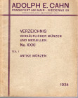 CAHN A. E. - Verzeichnis XXXI. Frankfurt am Main, 1934. Antike munzen Teil I. pp. 68, nn. 2168, tavv. 4. Ril. ed. buono stato, raro. Spring – Rossi 56...