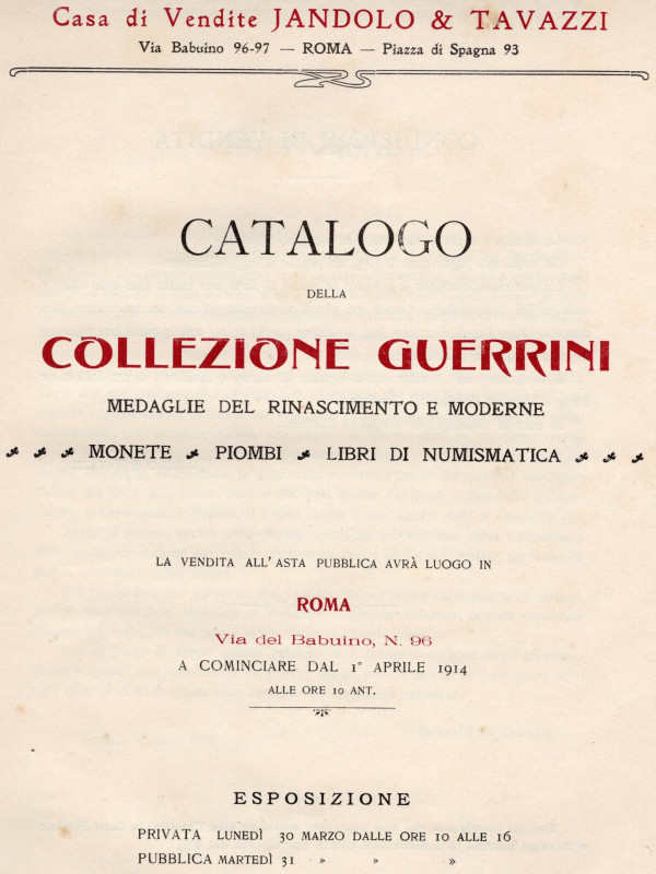 JANDOLO & TAVAZZI. Roma, 1 - Aprile, 1904. Collezione Guerrini. Medaglie del rin...