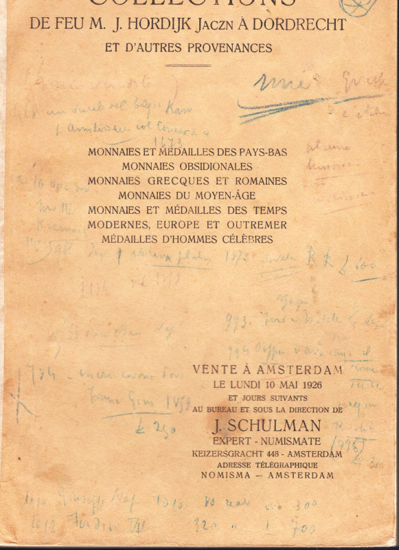 SCHULMAN J. - Amsterdam, 10 – Mai, 1926. Collections de feu m. J. Hordijk Jaczn....