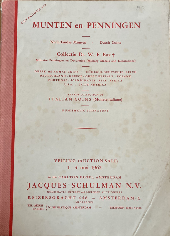 Schulman J. Catalogue 236. Munten en Penningen. Collectie Dr. W. F. Bax. Greek ,...