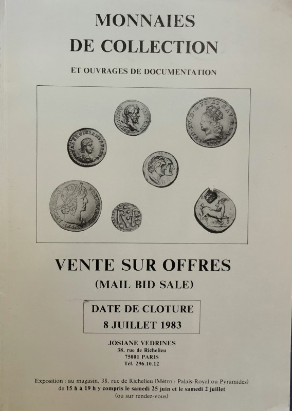 Vedrines J. Monnaies de Collection et Ouvrages de Documentation. Paris 08 Juille...