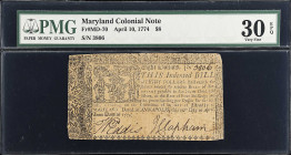 MD-70. Maryland. April 10, 1774. $8. PMG Very Fine 30 EPQ.
Offered with PMG's coveted EPQ qualifier.

Estimate: $150.00- $200.00