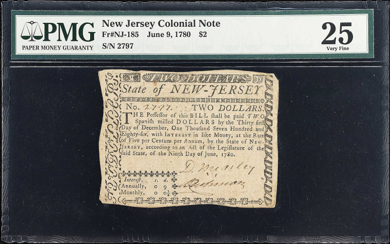 NJ-185. New Jersey. June 9, 1780. $2. PMG Very Fine 25.
No. 2797. Printed by Ha...