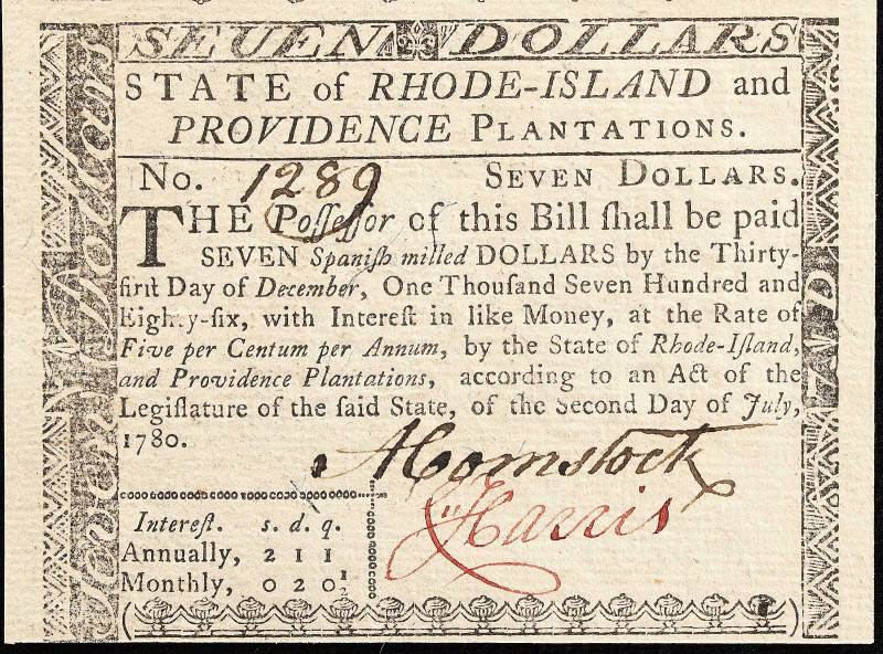 RI-287. Rhode Island. July 2, 1780. $7. About Uncirculated. Remainder.
Without ...