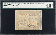 CC-79. Continental Currency. September 26, 1778. $5. PMG Extremely Fine 40 Net. Rust Repair.
No. 220939. PMG comments "Rust Repair."

Estimate: $15...