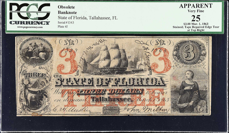 Tallahassee, Florida. State of Florida. 1863 $3. PCGS Currency Very Fine 25 Appa...