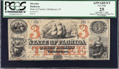 Tallahassee, Florida. State of Florida. 1863 $3. PCGS Currency Very Fine 25 Apparent. Stained; Tape Repaired Edge Tear at Top Right.
PCGS Currency co...