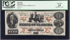 Tallahassee, Florida. State of Florida. 1863 $5. PCGS Currency Very Fine 25.
No. 3514, Plate J.

Estimate: $200.00- $300.00