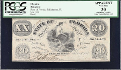 Tallahassee, Florida. State of Florida. 1861 $20. PCGS Currency Very Fine 30 Apparent. Edge Tear at Bottom Left.
PCGS Currency comments "Edge Tear at...