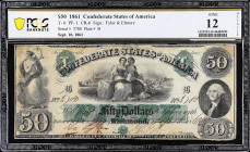 T-6. Confederate Currency. 1861 $50. PCGS Banknote Fine 12 Details. Paper Reinforced, Design Redrawn, Pieces Replaced, Edge Repairs.
No. 3780, Plate ...