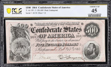 T-64. Confederate Currency. 1864 $500. PCGS Banknote Choice Extremely Fine 45. 
No. 20170, Plate D. Pink underprint.

Estimate: $400.00- $600.00