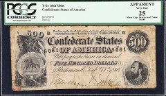 T-64. Confederate Currency. 1864 $500. PCGS Currency Very Fine 25 Apparent. Minor Edge Damage and Tears; Stains.
PCGS Currency comments "Minor Edge D...