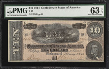 T-68. Confederate Currency. 1864 $10. PMG Choice Uncirculated 63 EPQ.
No. 2565, Plate G. Offered with PMG's coveted EPQ qualifier.

Estimate: $100....