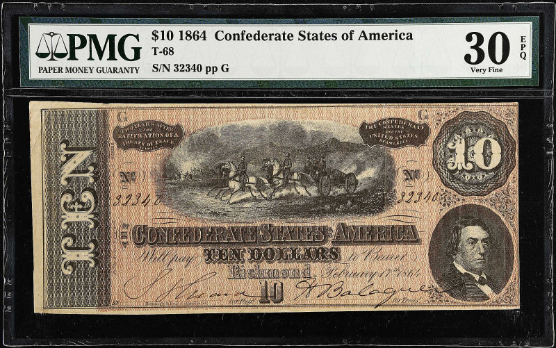 T-68. Confederate Currency. 1864 $10. PMG Very Fine 30 EPQ. 

Estimate: $30.00...