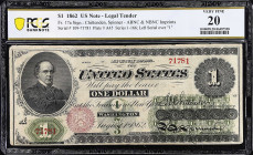 Fr. 17a. 1862 $1 Legal Tender Note. PCGS Banknote Very Fine 20.
PCGS Banknote comments "Pinholes, Small Edge Splits".

Estimate: $500.00- $700.00