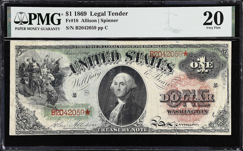 Fr. 18. 1869 $1 Legal Tender Note. PMG Very Fine 20.
Green and traces of light ...