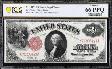 Fr. 37. 1917 $1 Legal Tender Note. PCGS Banknote Gem Uncirculated 66 PPQ.
This Elliott - Burke note is offered to collectors in a monster Gem 66 EPQ ...
