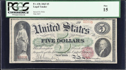 Fr. 63b. 1863 $5 Legal Tender Note. PCGS Currency Fine 15.
An elusive "b" variety for this $5 Legal Tender type.

Estimate: $400.00- $600.00