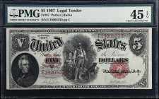Fr. 87. 1907 $5 Legal Tender Note. PMG Choice Extremely Fine 45 EPQ.
This mid-grade woodchopper boasts original paper. Excellent appeal for the assig...