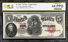 Fr. 91. 1907 $5 Legal Tender Note. PCGS Banknote Choice Uncirculated 64.
Speelman - White signature combination. Nearly Gem.

Estimate: $400.00- $6...