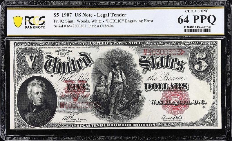 Fr. 92. 1907 $5 Legal Tender Note. PCGS Banknote Choice Uncirculated 64 PPQ.
"P...